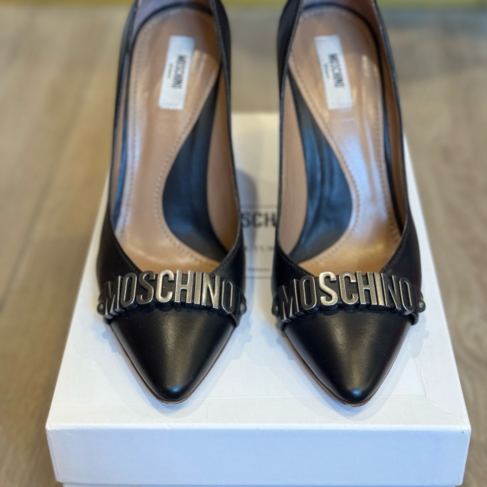 Moschino Black High Heel Pumps with Gold Accents